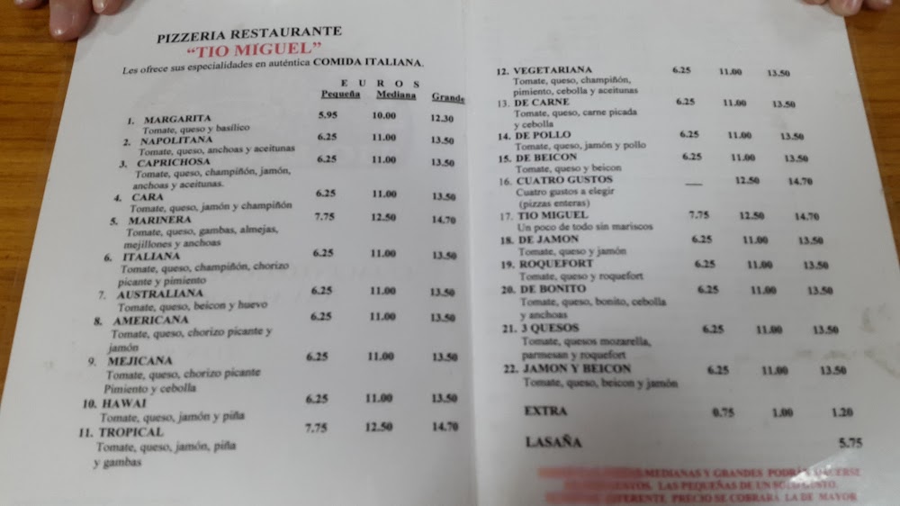  Menu Pizzeria Restaurante Tio Miguel  