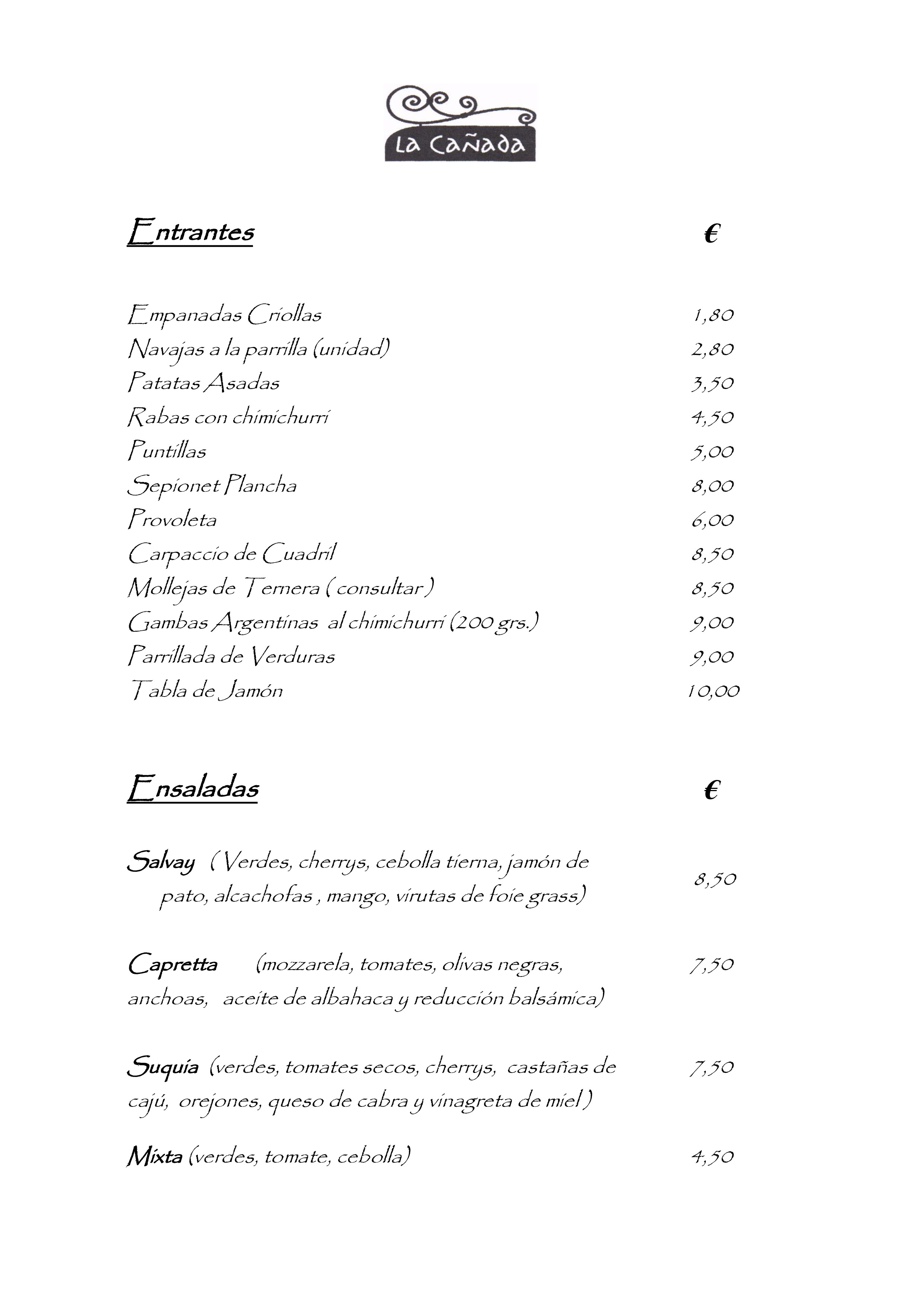  Menu La Cañada Restaurante Argentino  