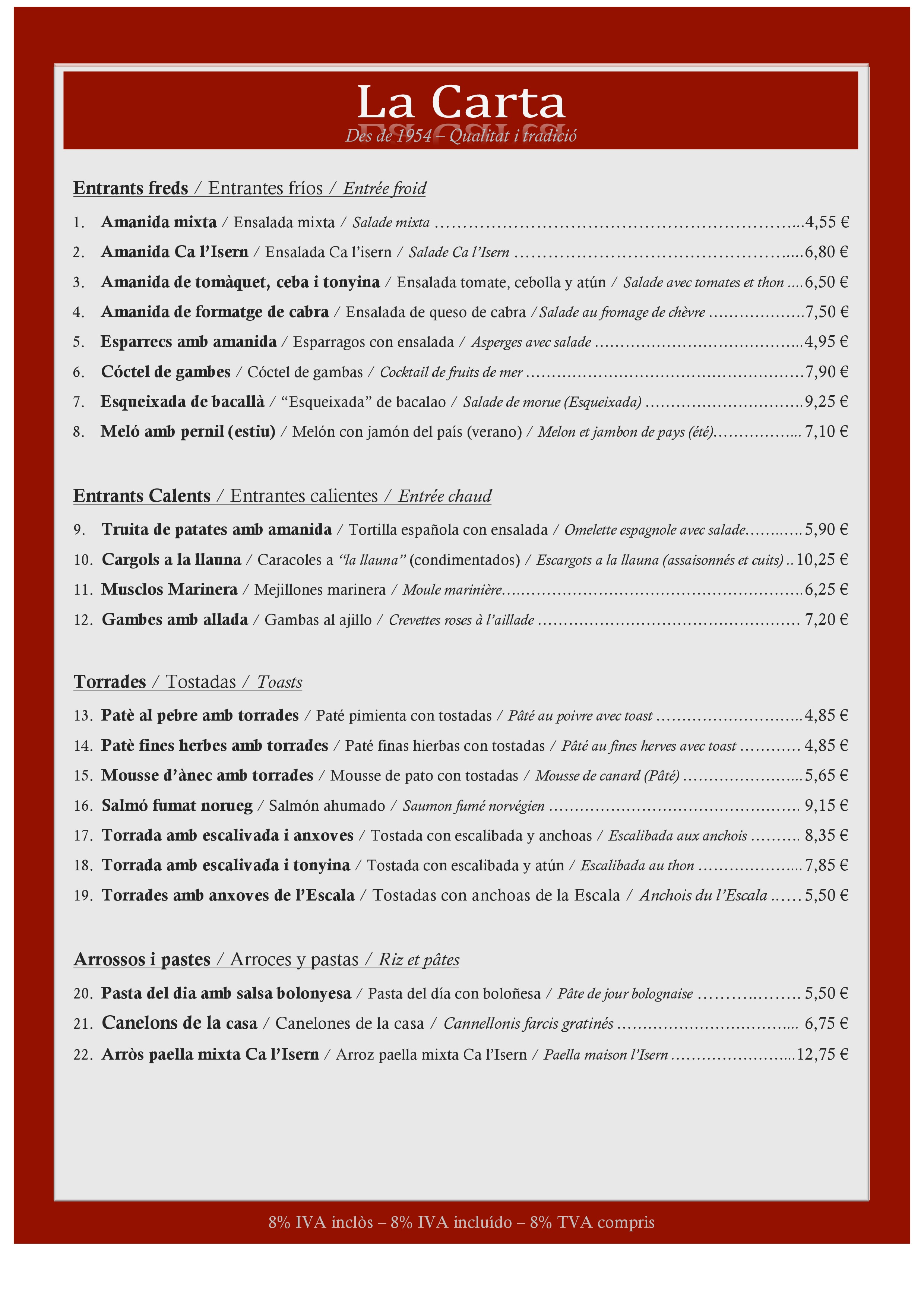  Menu Restaurant Ca l'Isern  