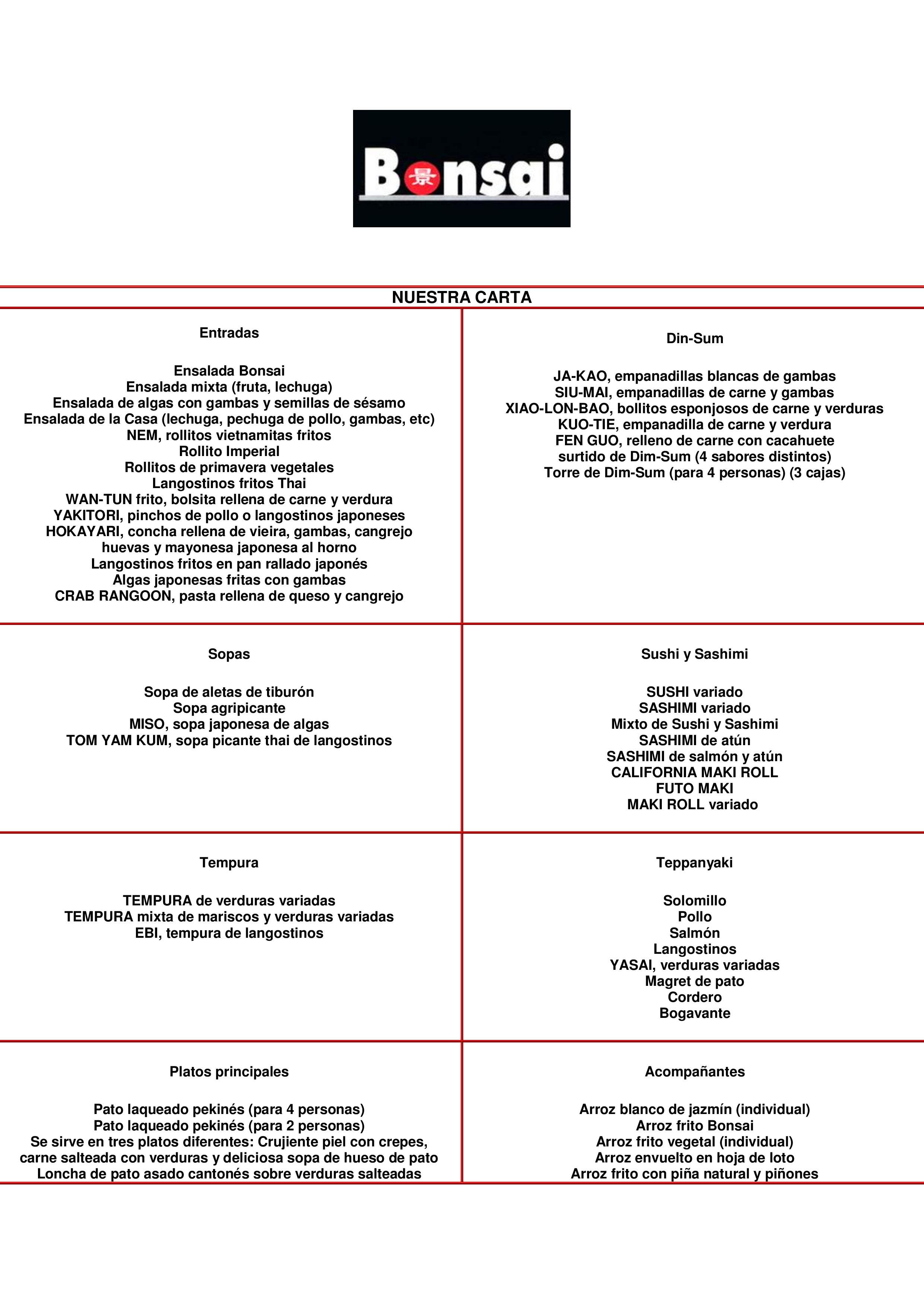  Menu Bonsai  