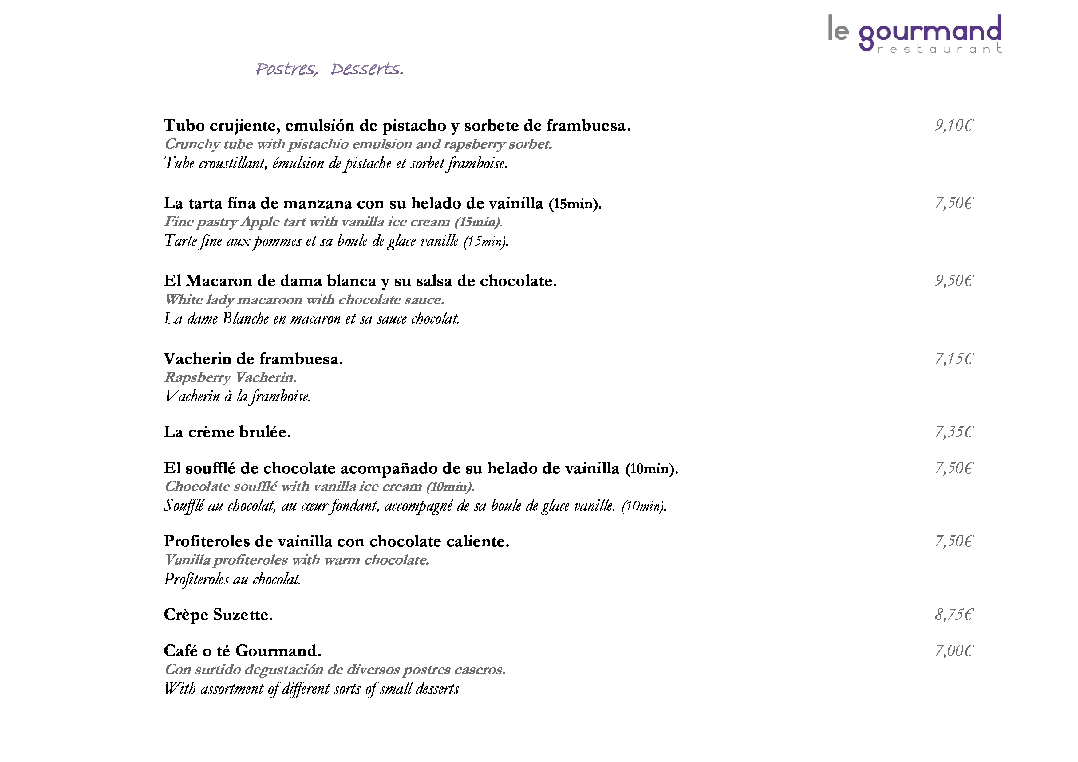 Menu Le Gourmand  