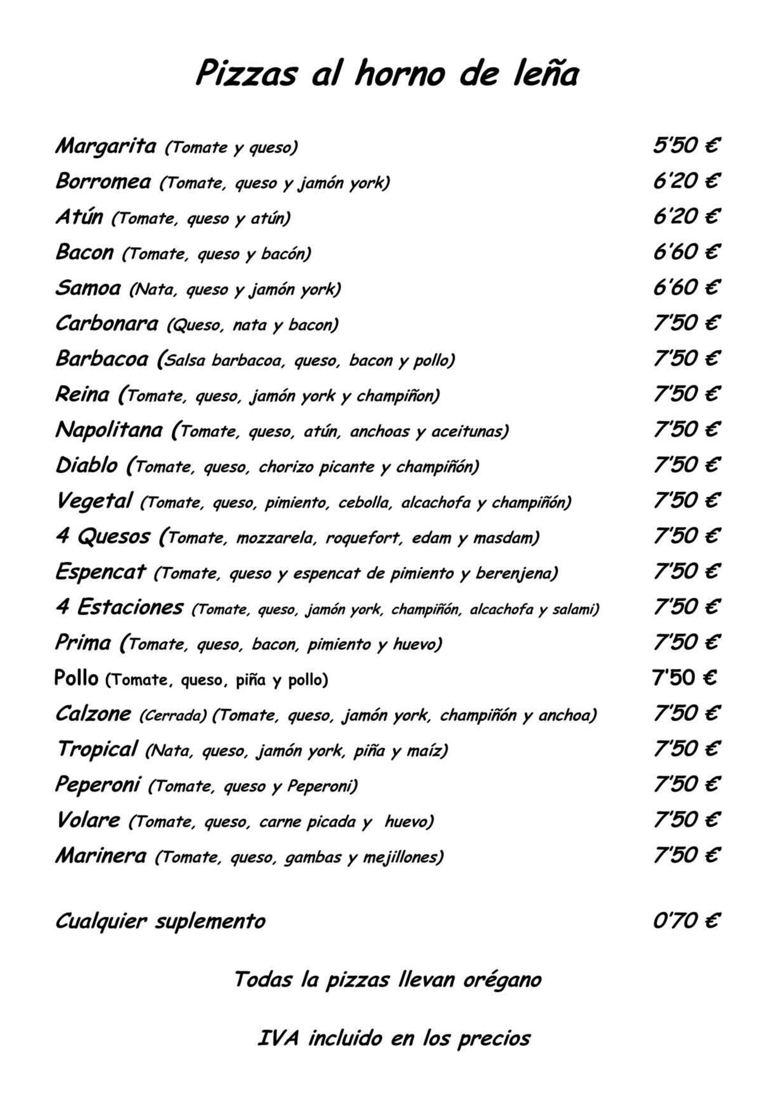  Menu Pizzeria Volare  
