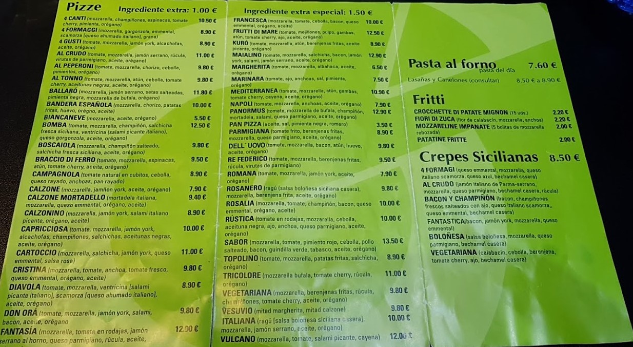  Menu Pizzería Siciliana Kuró  