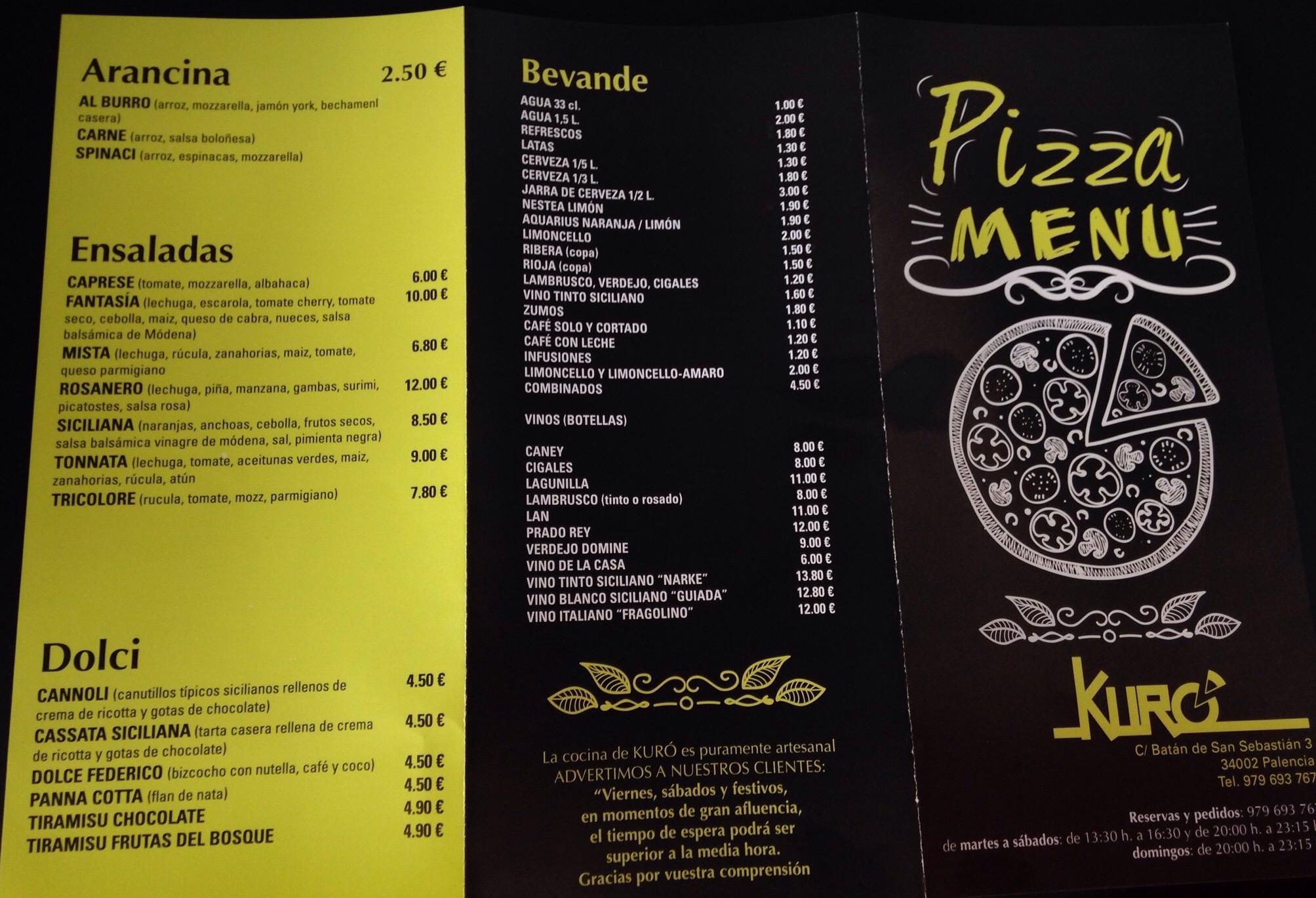  Menu Pizzería Siciliana Kuró  