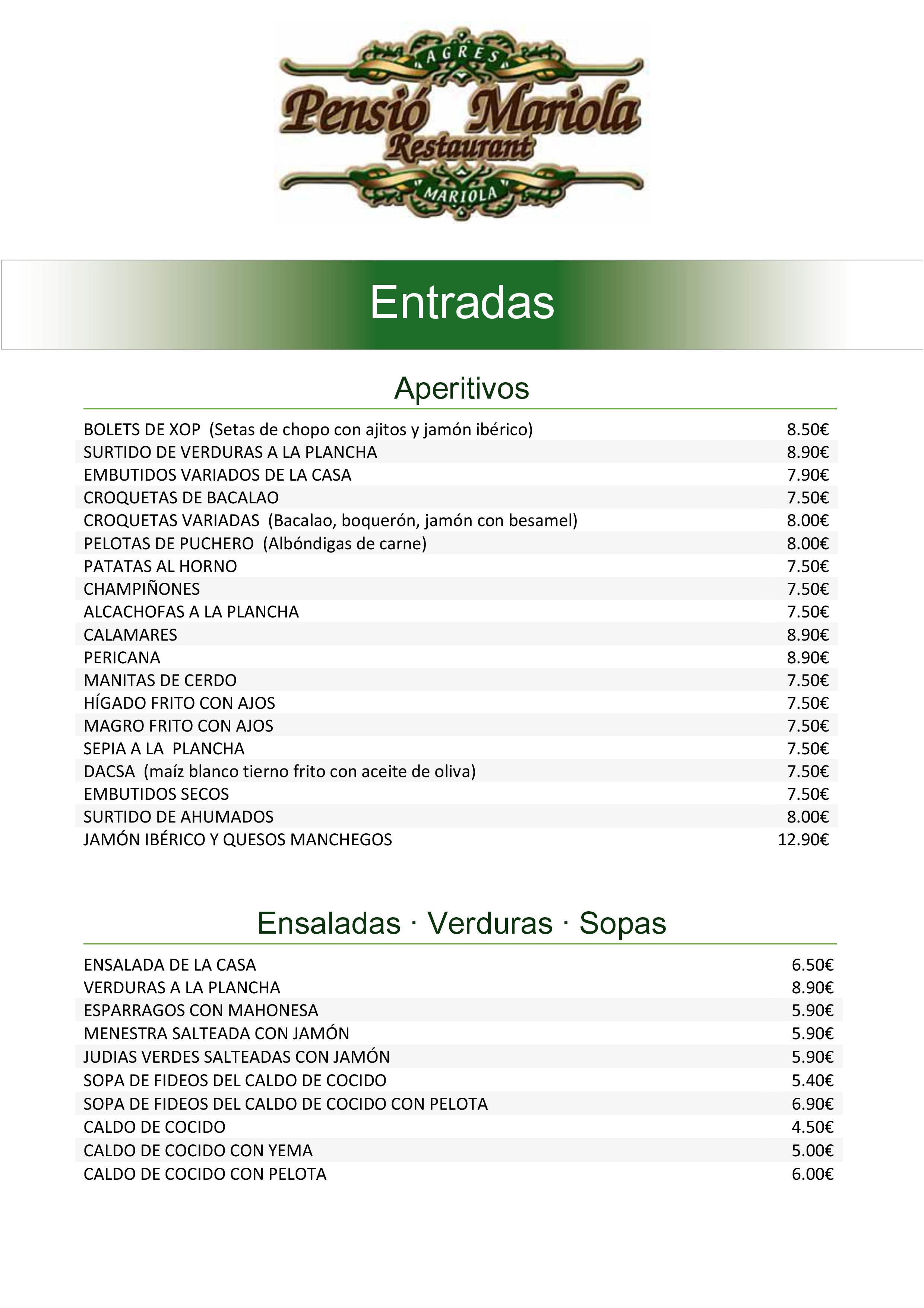  Menu Restaurante Pension Mariola  