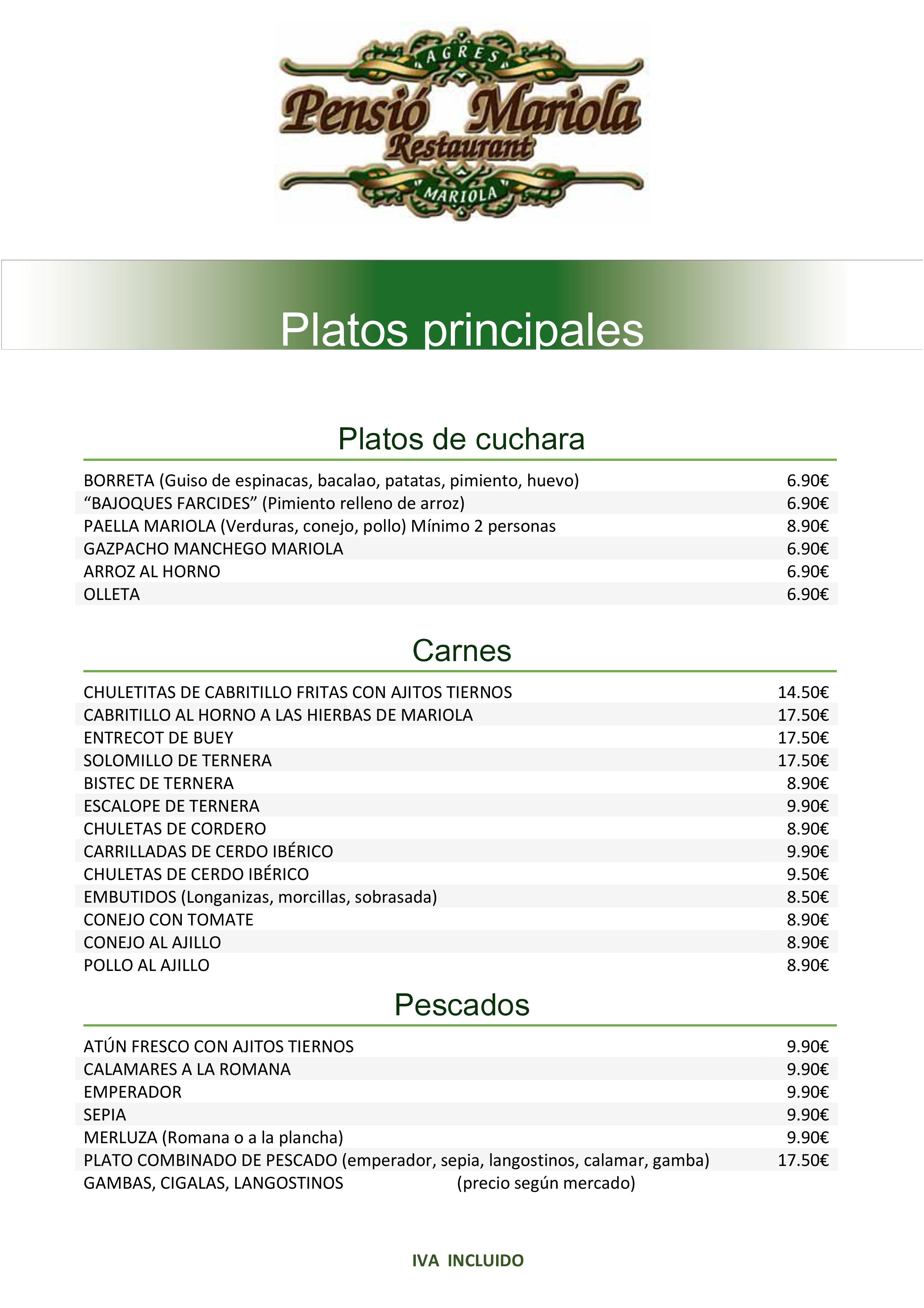  Menu Restaurante Pension Mariola  