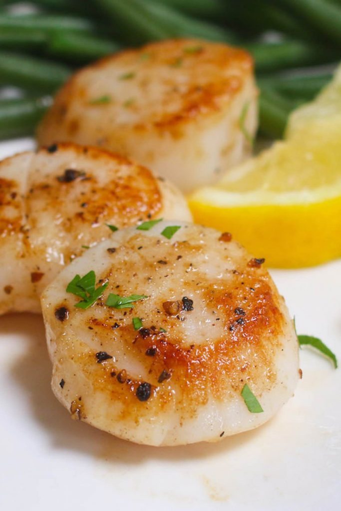 Vieiras al vacío servidas en un plato blanco.