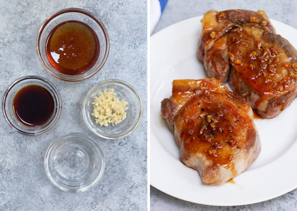 Chuletas de cerdo al vacío con ajo y miel: los ingredientes de la salsa a la izquierda y las chuletas de cerdo cocidas a la derecha.