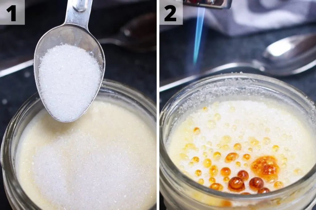 Sous vide creme brulee: fotos que muestran cómo caramelizar la cobertura de azúcar.