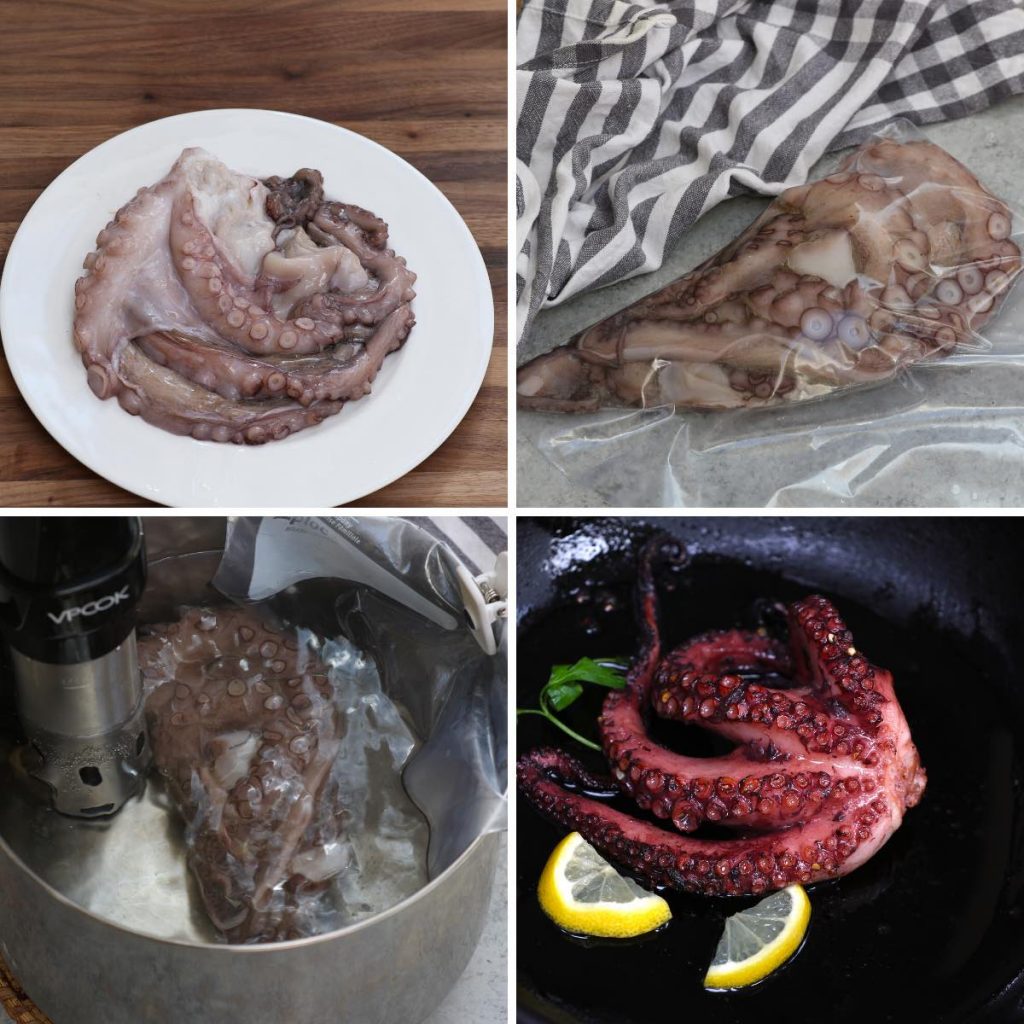 Collage de fotos que muestra cómo hacer pulpo al vacío con fotos paso a paso.