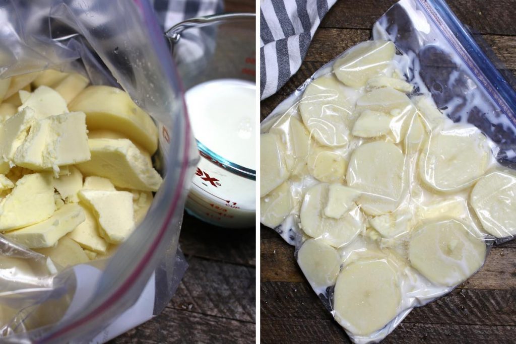 Sazone y selle al vacío las papas en rodajas en una bolsa con cierre hermético.